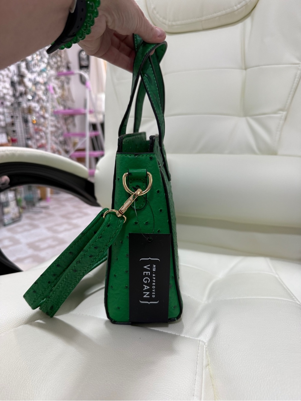Structured Green Faux-Ostrich Satchel 2 way with bonus wallet brand new - Picture 3 of 12